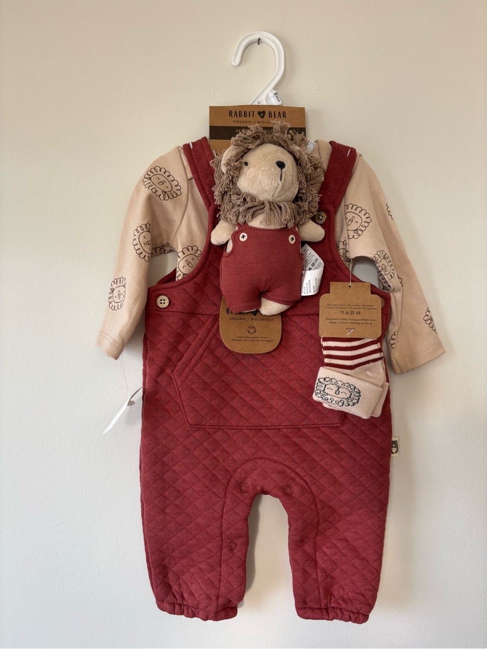 Rabbit & Bear Quilted Red Baby Overalls Set with Lion Socks